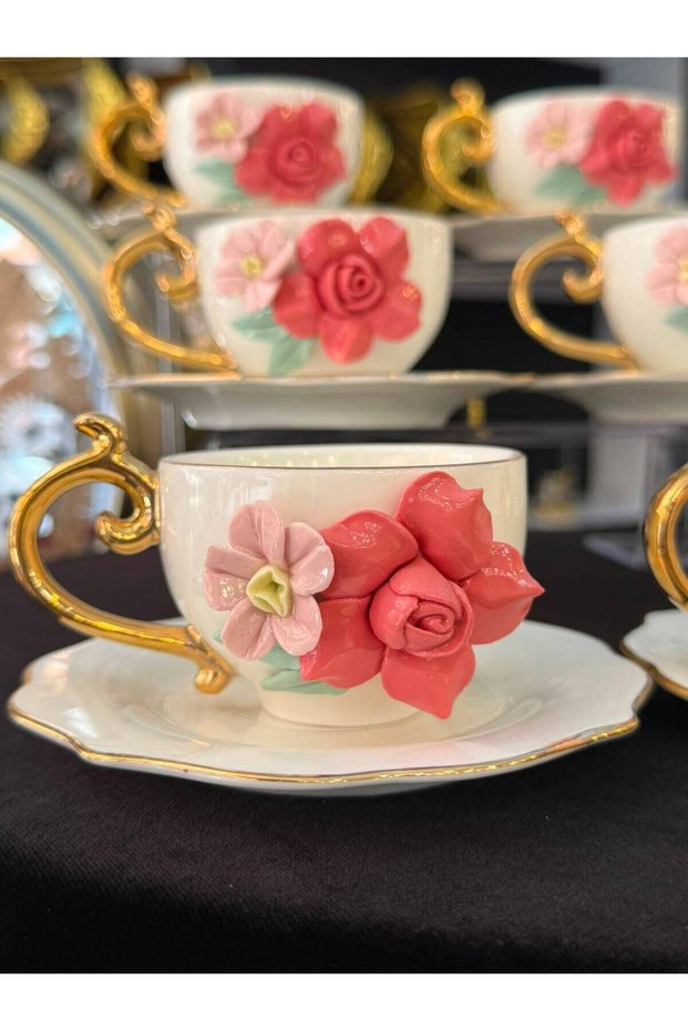 Porcelain Rose Embroidered Porcelain Coffee Cup Set for 6 People 90 ml