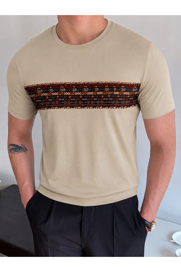 . Men's Ethnic Printed Cotton Stretchy Combed Cotton T-Shirt That Fits the Shoulders and Doesn'T Show the Belly.