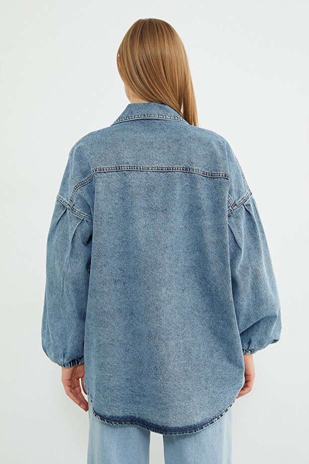 Balloon Cuff Oversized Denim Jacket - 6