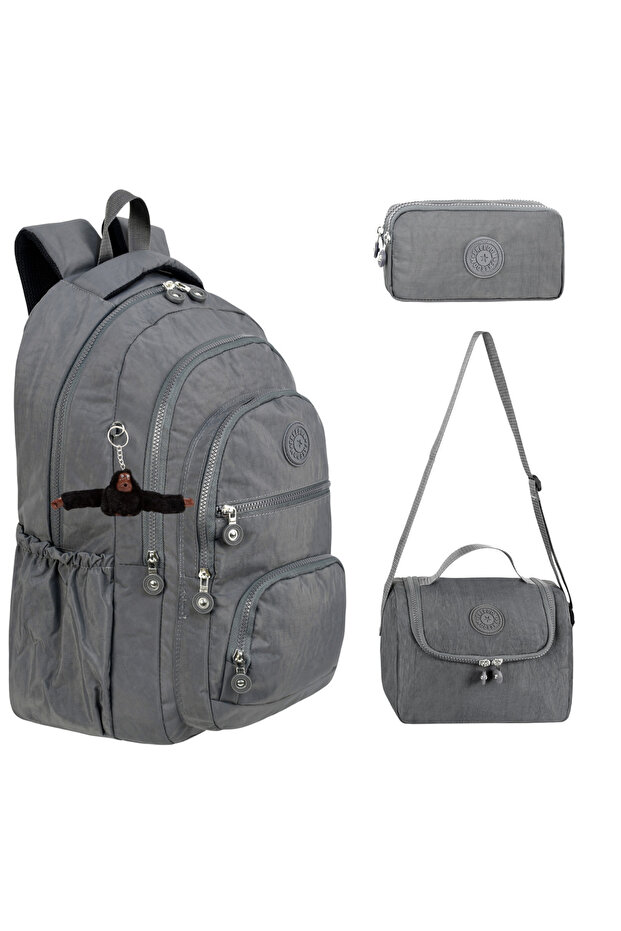 Galb Gray Tr2 3-Piece Set Crinkle Fabric Bag + Thermal Lunch Box + Pen Holder Monkey Keychain Bag