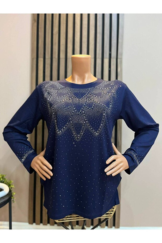 Women's Middle Age and Above Choker Patterned Crystal Stone Mother Combed Cotton Blouse