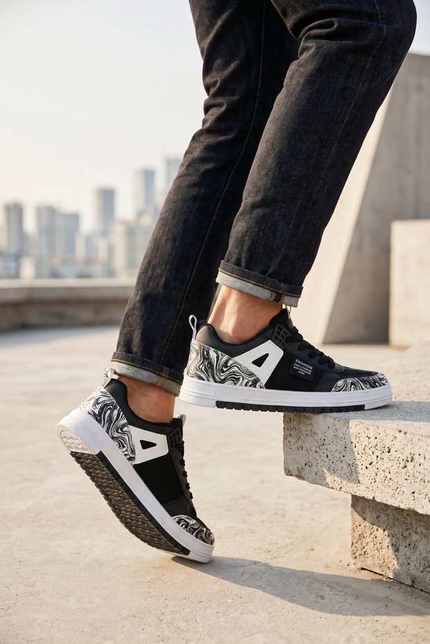Black and White Modern Design Marble Patterned Unisex Non-Slip Sole Sneaker Shoes