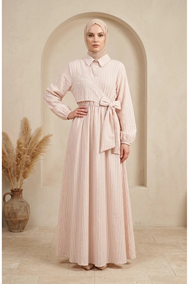 Half Buttoned Elastic Waist Striped Dress 0320-05 Beige