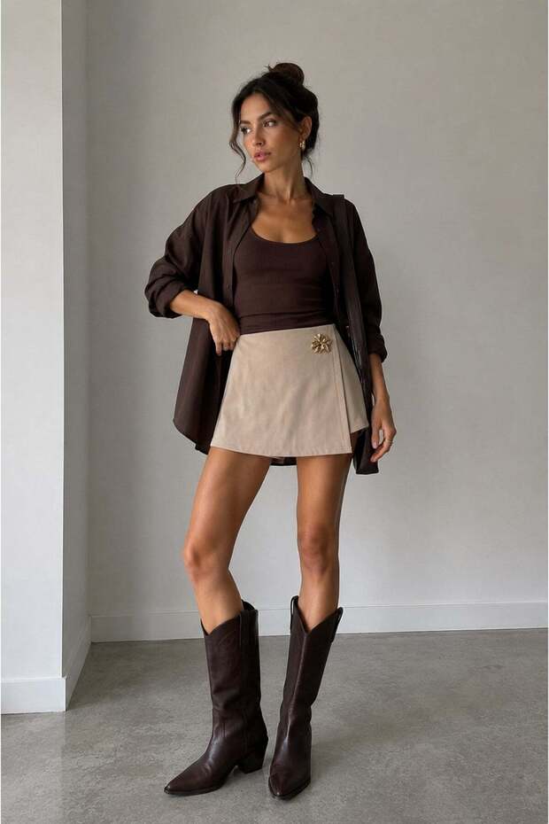 1014 Women's High Waist Asymmetrical Cut Shorts Skirt with Gold Accessory Detail Beige