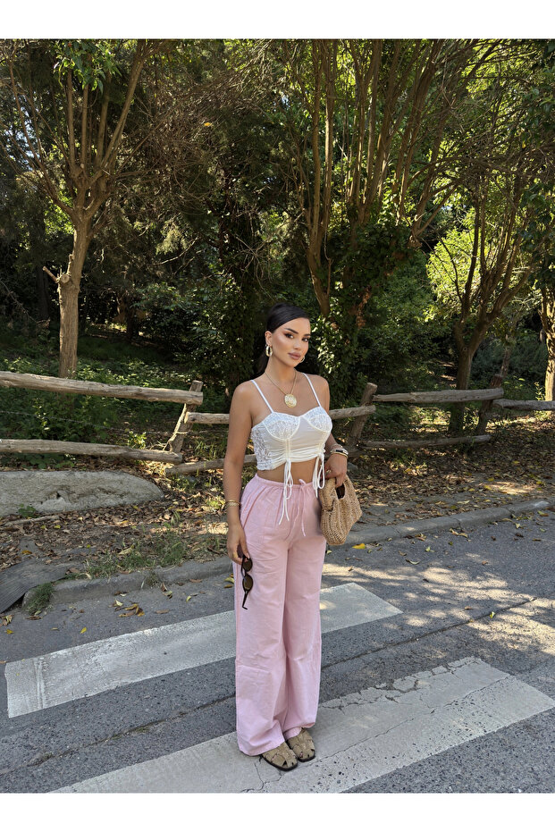 Pink Linen Elastic Palazzo