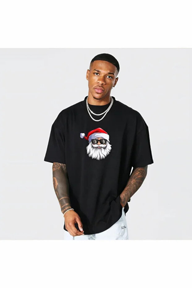 Christmas Santa Claus Printed Short Sleeve Oversize Crew Neck T-Shirt with Glasses - Black