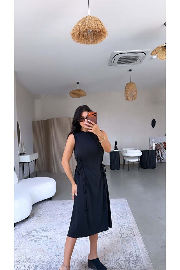 Black Original Pique Modal Dress with Side Laces and Gathered Details