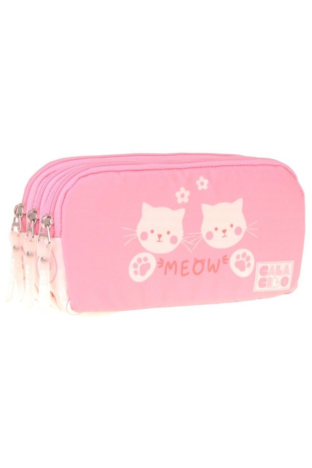 Girl's Primary School Pencil Bag - Pink Color with Cat Print (Cat) - C4040