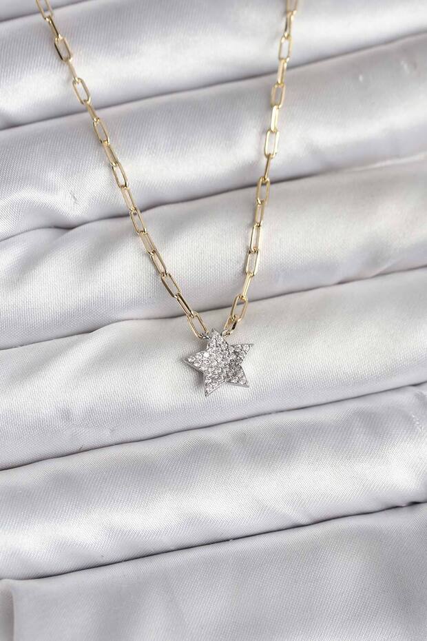 Brass Gold Color Chain Zircon Stone Minimal Star Model Women's Necklace