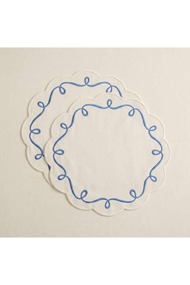 2-Piece White Collection Embroidered Premium Duck Fabric Placemat Set |   (38X38 cm) - with Liquid Repellent Feature