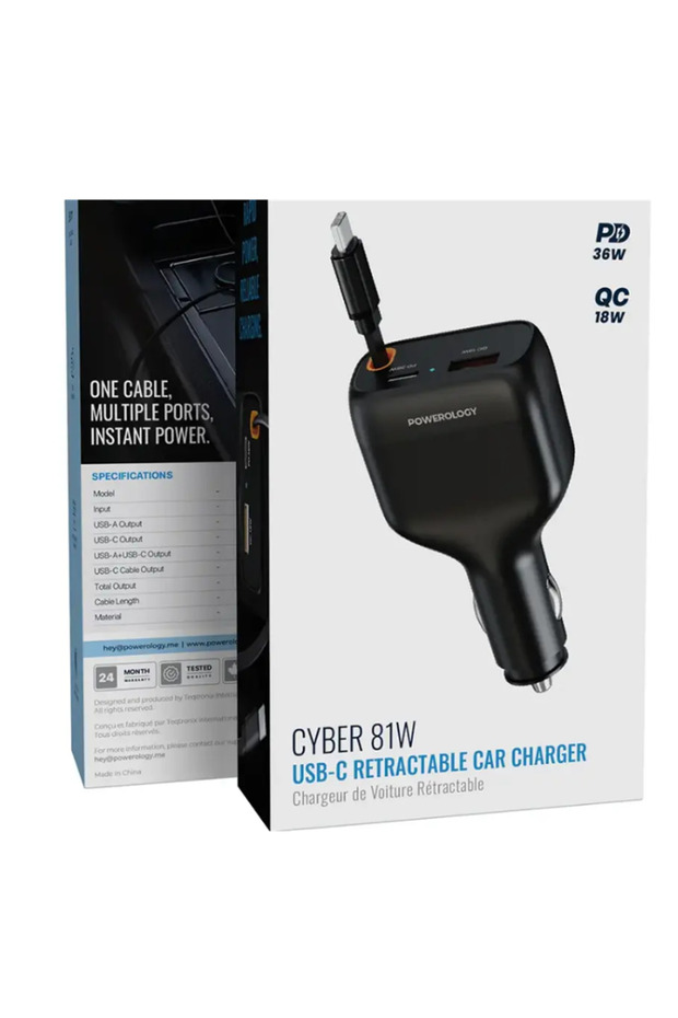 Cyber 81W USB - C Retractable Car Charger Black