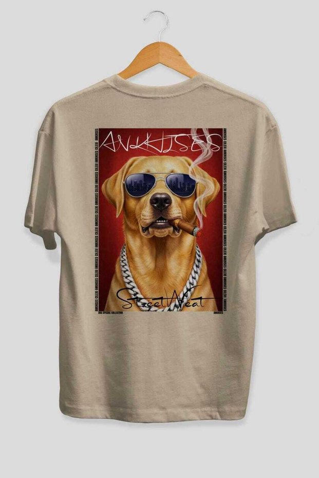 For Dog Lovers 51 Back Dog Print Beige Oversize T-Shirt 100% Cotton Unisex Dog Lover Premium Design