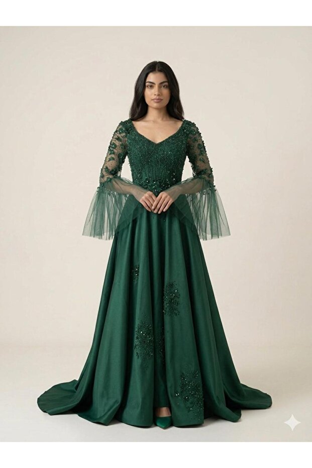 Dark Green Fully Beaded Evening Gown with Sheer Flared Sleeves