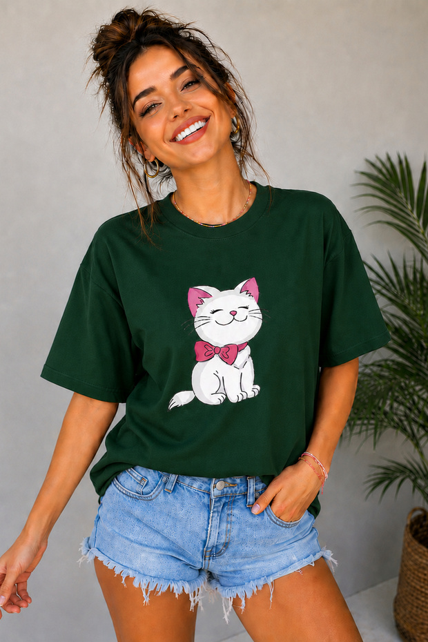 Cute Cat Printed Crew Neck Unisex Oversize T-Shirt with Bow Tie – Cotton T-Shirt
