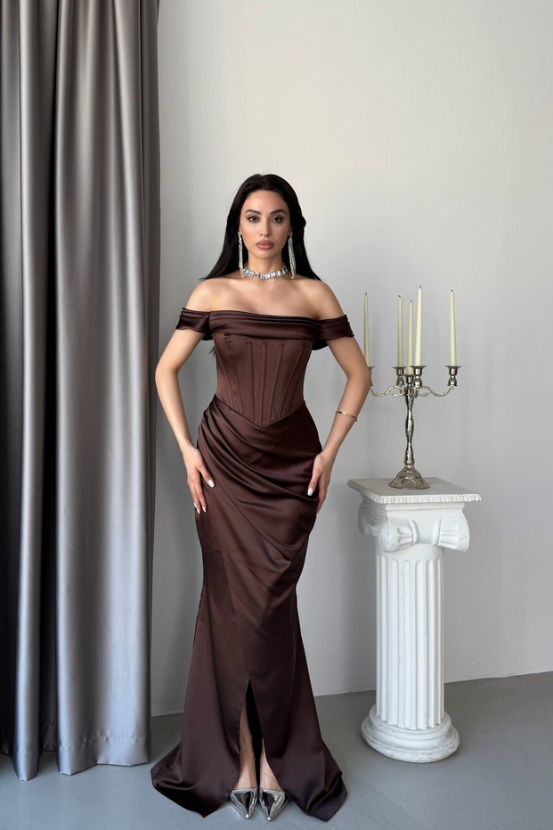 Brown Boat Neck Slit Long Satin Evening Dress