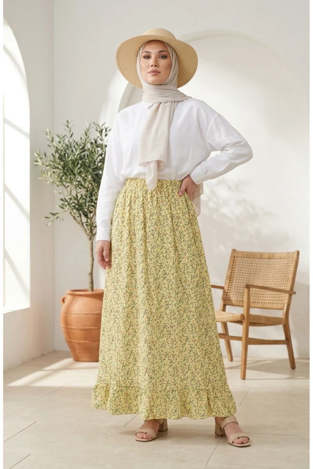 Elastic Waist Floral Patterned Skirt 0313-02 Yellow