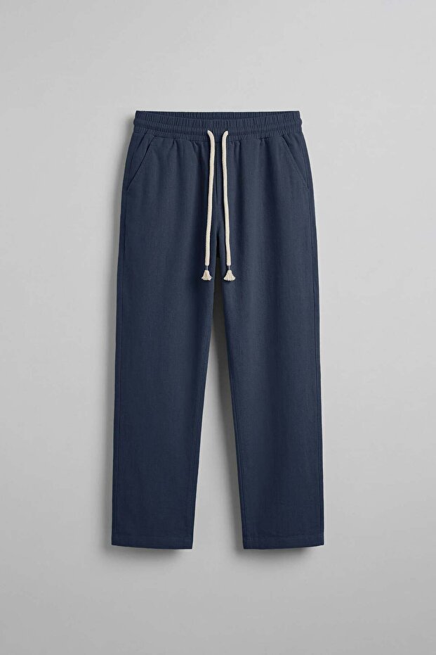 Men's Baggy Fit Rope Drawstring Linen Look Trousers Navy Blue