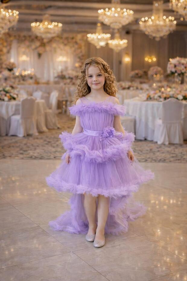 Front Short Back Long Girls' Princess Tulle Evening Dress with Floral Detail Layered Design (Tulle Evening Dress with Train for Graduation and Prom)