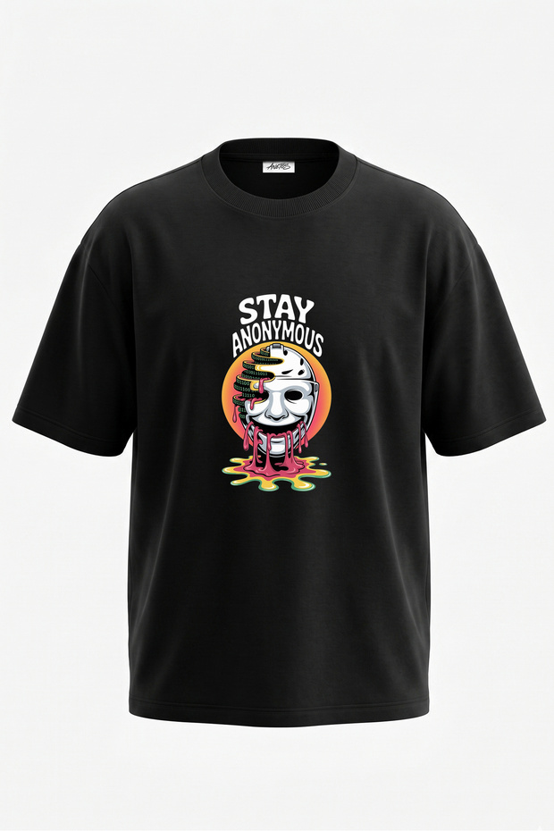 Anonymous Mask Design Back Printed Cotton Black Oversize T-Shirt
