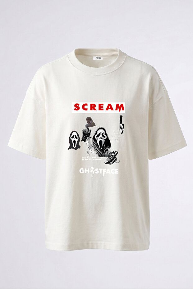 تي شيرت Scream Ghostface_1 مصنوع من القطن الأبيض المطبوع على الظهر بتصميم كبير الحجم