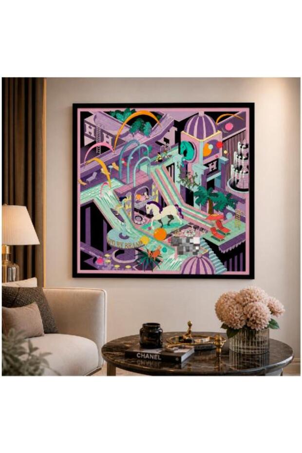 لوحة جدارية فاخرة بتصميم فني هندسي عصري مع إطار أسود، مقاس 90 × 90 سم