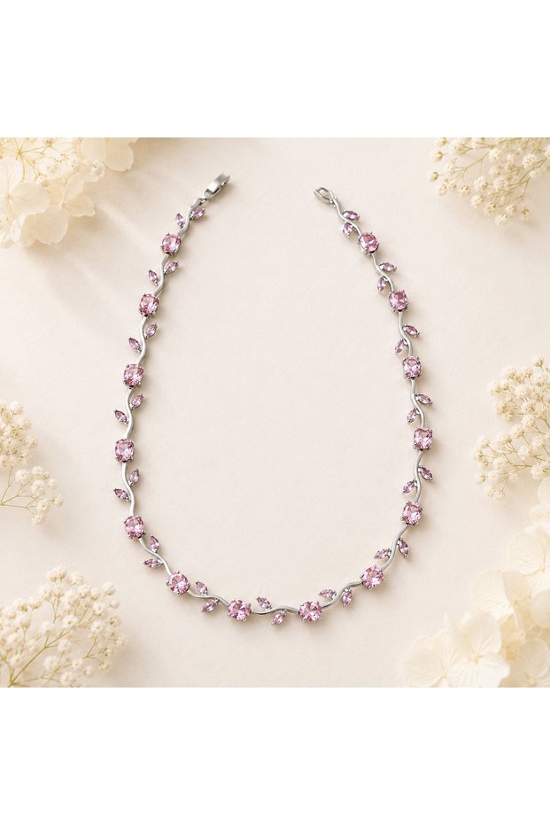 Elegant Branch Design Women's Necklace with Pink Stones – Romantic and Sparkling Stylish Necklace