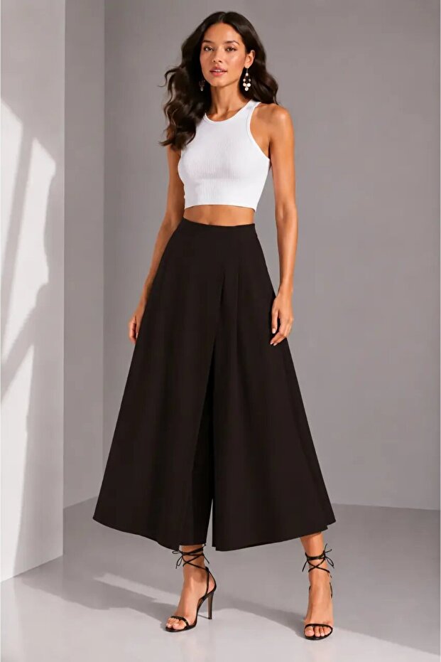 Brown Comfortable Fit Pleated Skirt-Looking Trousers