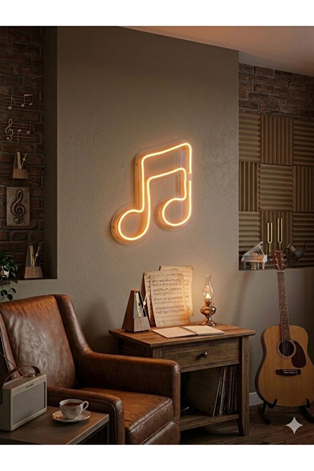 Amber Müzik Notası LED Neon Tablo | Aydınlatmalı Müzik Temalı Duvar Dekoru - 1
