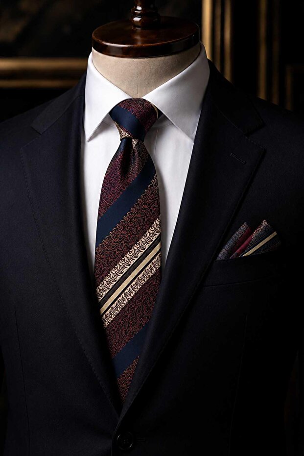 Black and Burgundy Line Pattern Classic Tie with Handkerchief Kk13706