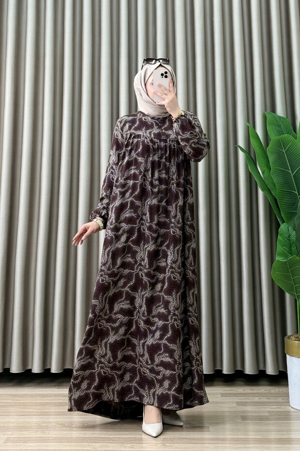 Emi̇ne Elbi̇se Viscose Fabric Women's Brown Collar Openable Buttoned Patterned Hijab Dress