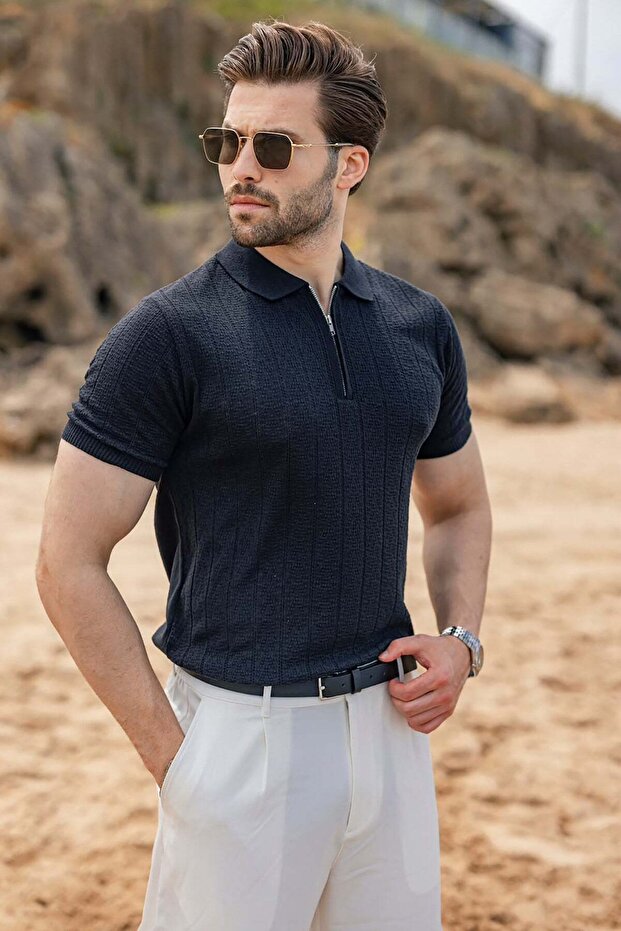 Anthracite Regular Fit Polo Neck Knitwear Men's T-Shirt E7503