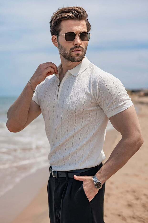 Ecru Regular Fit Polo Collar Knitwear Men's T-Shirt E7503