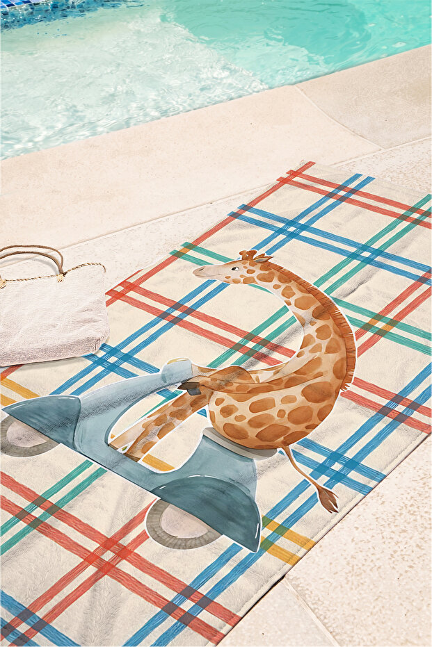 Giraffe Figured Plaid Children's Beach Towel - Pastel Safari Scooter Themed Quick-Drying Towel Cover