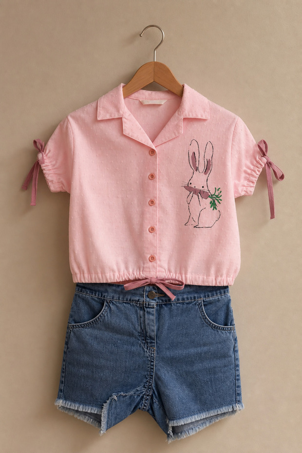 Girl's Rabbit Printed Shirt and Denim Shorts Summer 2-Piece Set