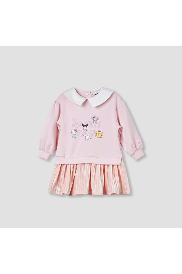 Collared Long Sleeves Knee Length Dress with Hello Kitty Print