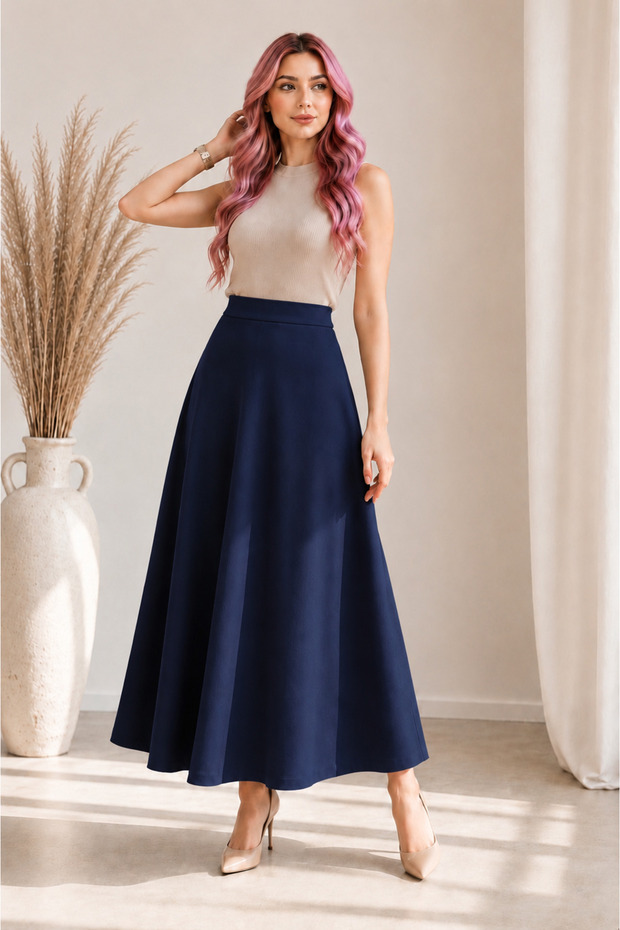 Women's Navy Blue Knitted Scuba Crepe Casual Skirt Length:94-95Cm