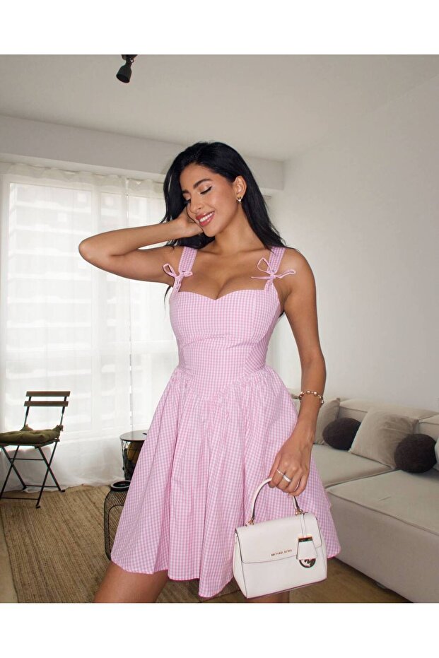 Women's Pink Gingham Mini Ruffle Dress