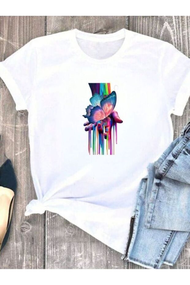 Colorful Butterfly Printed White T-Shirt