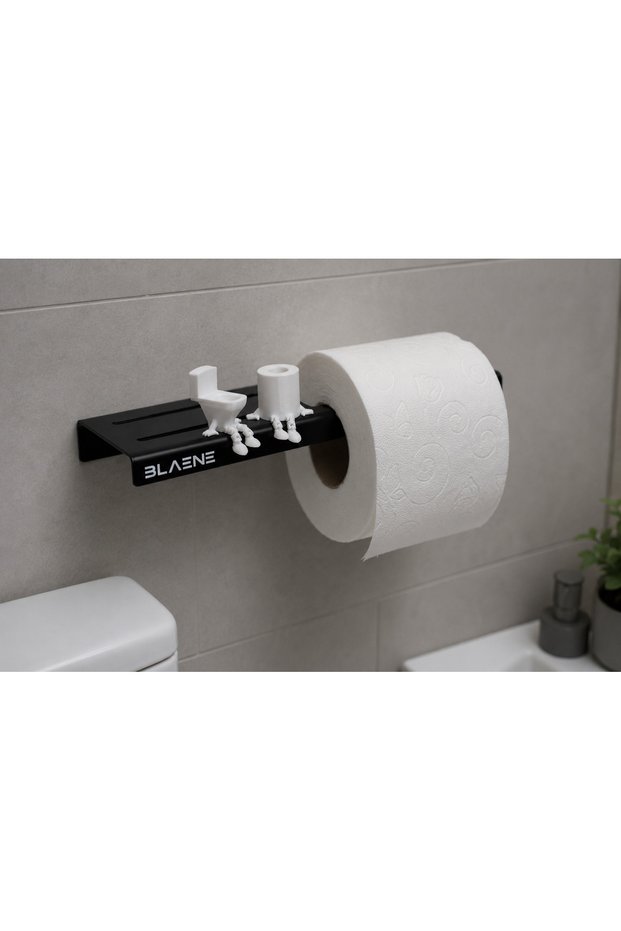 304 Stainless Steel Black Toilet Roll Holder with Slim Shelf Without Drilling with Adhesive and Screws - Bth-013