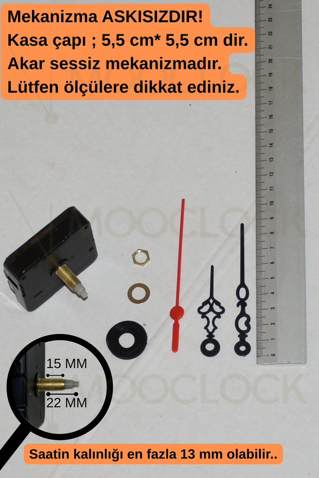 Clock Mechanism, Silent Wall Clock Mechanism, 22 mm Shaft, Minute-Second-Second-(Without Hanger) Short