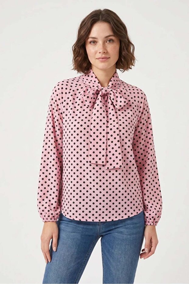 Women's Scarf Collar Polka Dot Pink Blouse