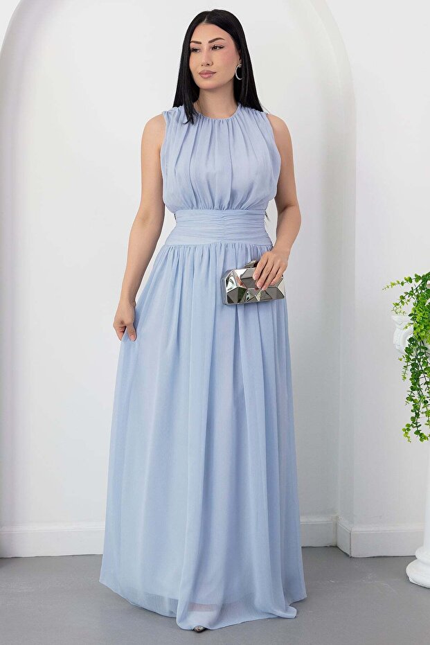 Crew Neck Waist Gathered Chiffon Dress K-261639