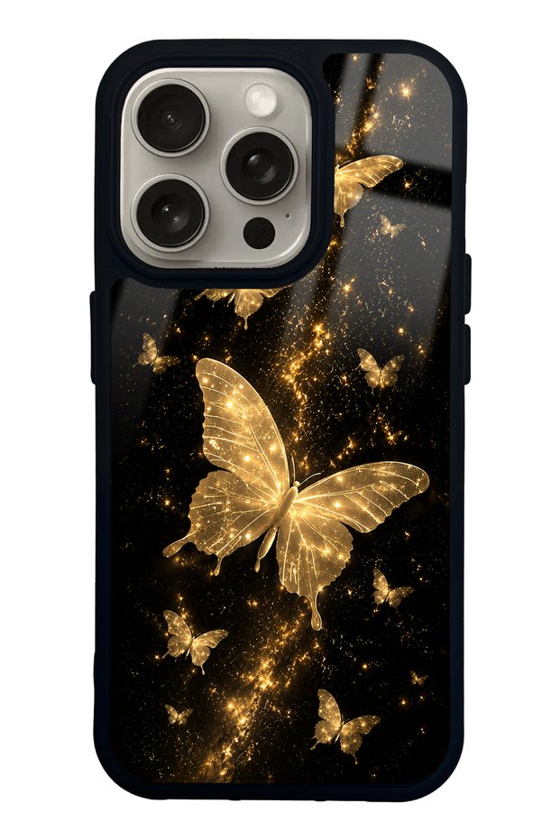 iPhone 15 Pro Yellow Galaxy Butterfly Design Glossy Phone Case
