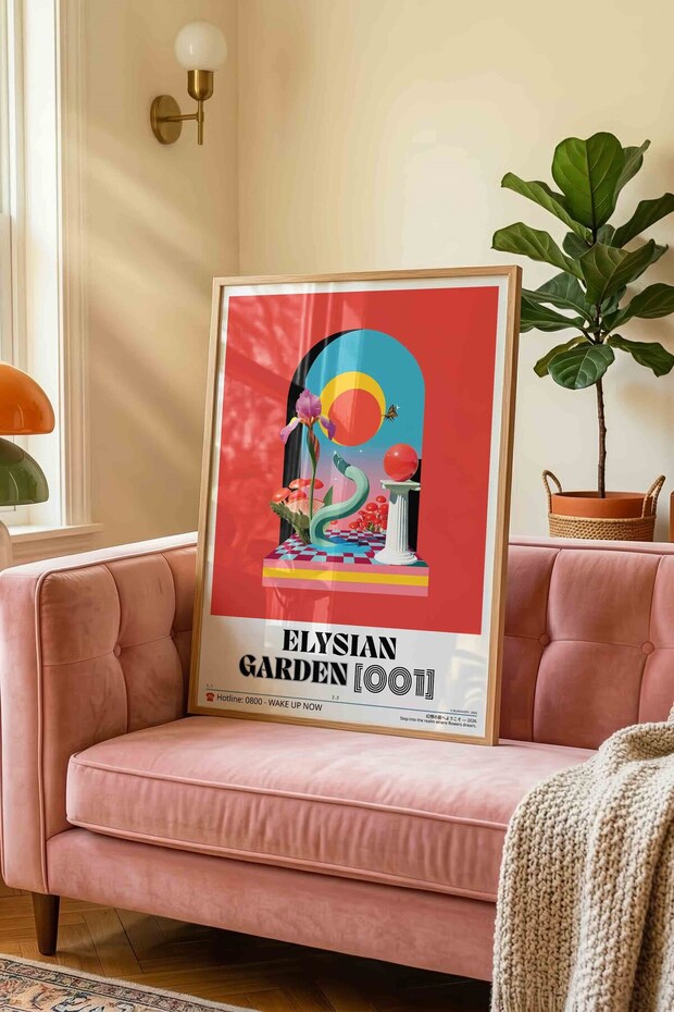 Abstract Surreal Garden Flower Painting – Aesthetic Y2K Art Poster – Wooden Framed