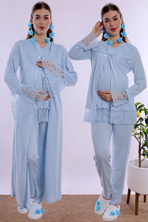 Maternity Pajama Set with Hidden Nursing Feature and Cotton Robe Effortt - Blue