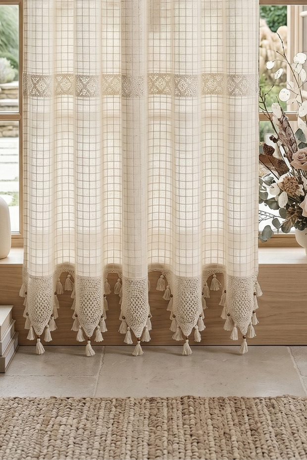 Monika Dantelli Authentic Buldan Handcrafted Cotton Decorative Living Room Kitchen Bedroom Curtain