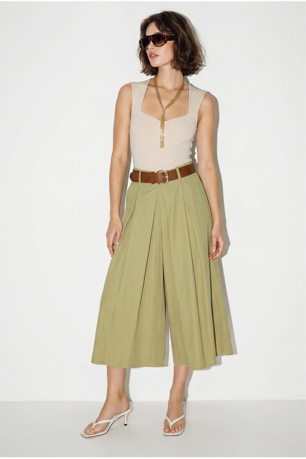 Women's Khaki High Waist Pleated Detailed Wide Leg Culotte Trousers Dp261038 60286319