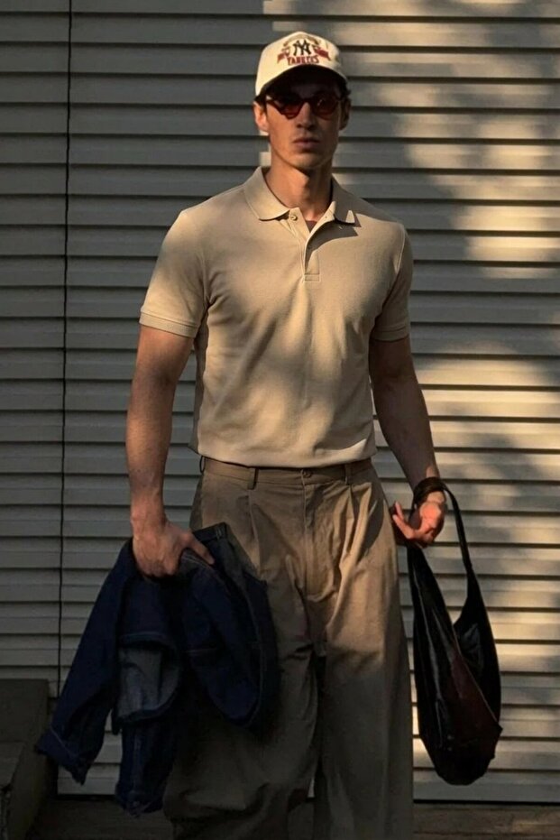 Men's Classic Slim Fit Cream Polo Collar T-Shirt