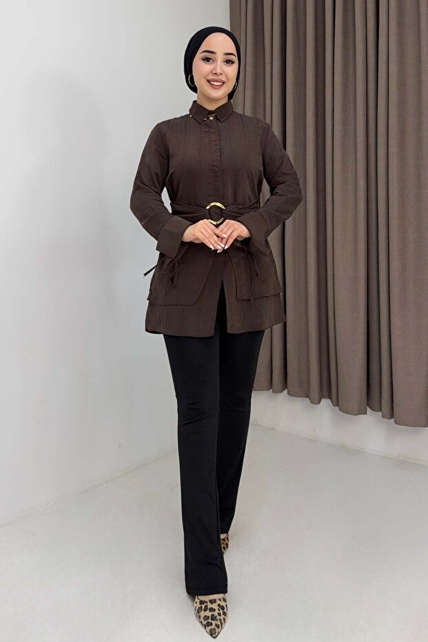 Striped Gabardine Ring Buckle Detailed Shirt Tunic Brown