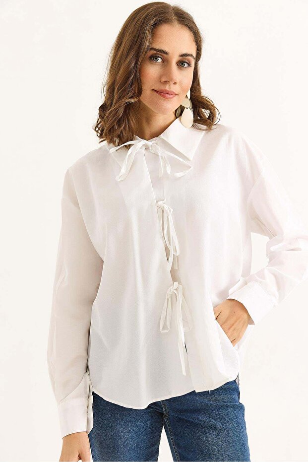 Women's Stylish Design Shirt with Tie Front in White
